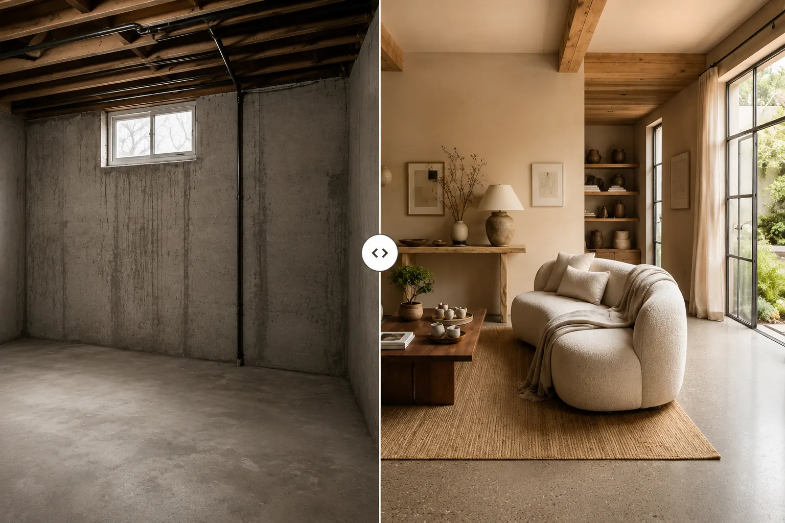 Before and after AI room redesign — unfinished basement transformed into a furnished living room